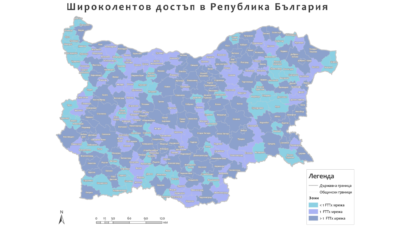 Карта представяща широколентовото покритие в България